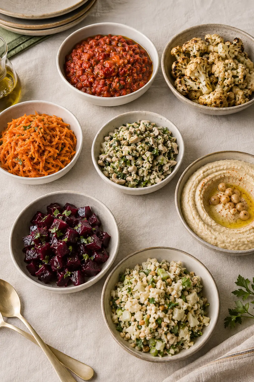 Mediterranean salatim served in small ceramic bowls