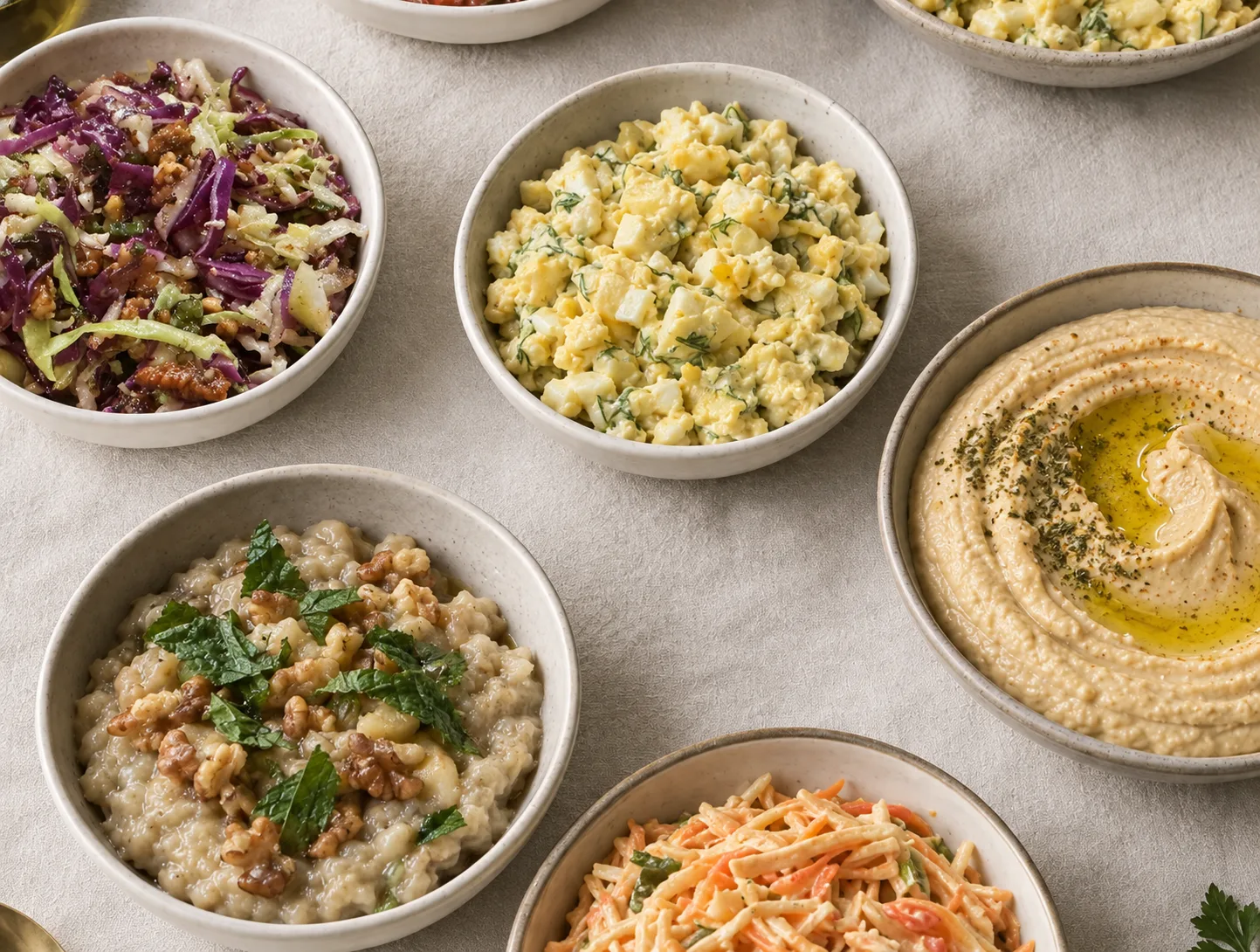 Mediterranean salatim served in small ceramic bowls
