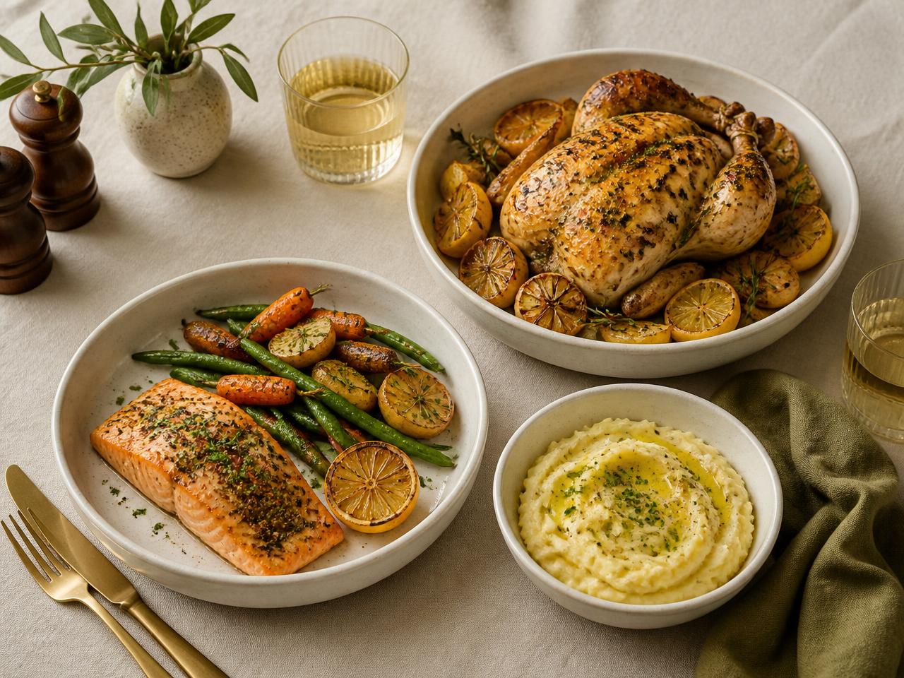 Modern Shabbat table with roasted chicken, challah, and colorful salads