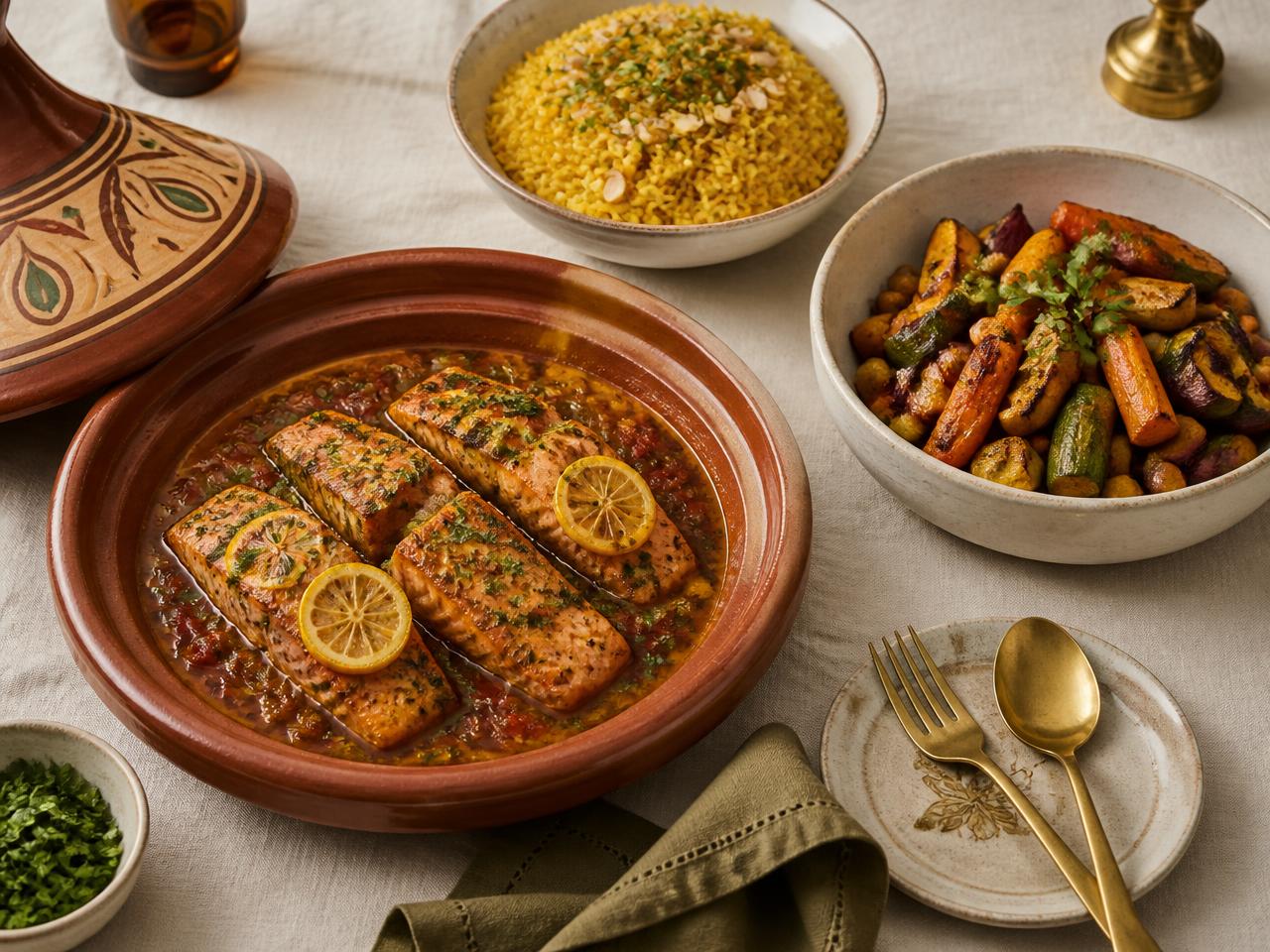 Moroccan chraime salmon in a clay tagine with golden rice and roasted vegetables