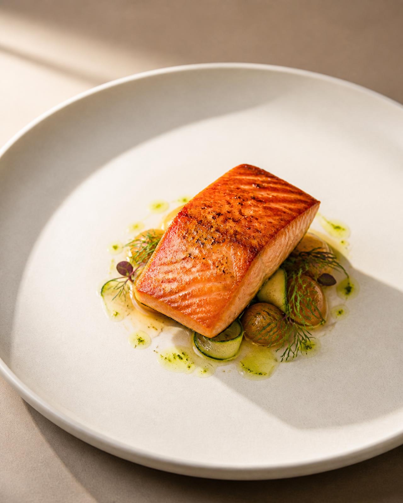 A single fine-dining plated salmon course with herb oil on a wide ceramic plate